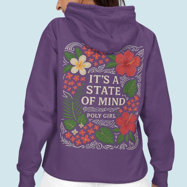 Island-style purple hoodie design with Poly Girl logo, vibrant florals, and Polynesian tribal lines for a tropical aesthetic.