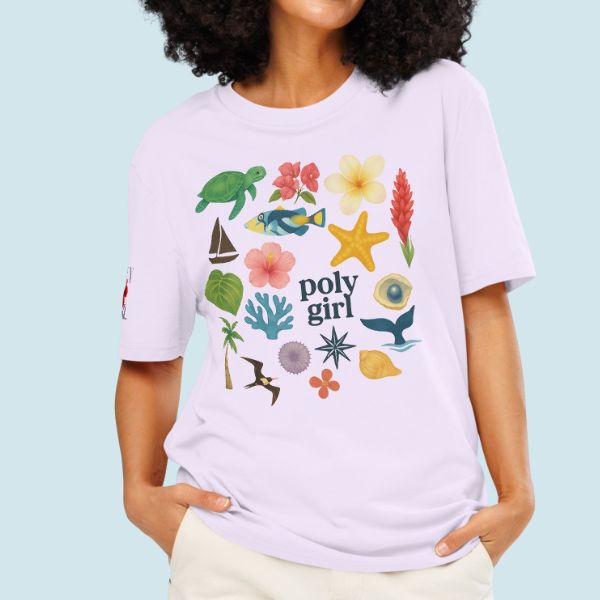 Bright collage-style Pacific paradise shirt with ocean elements, florals, and cultural nods expressing freedom, growth, and ease.