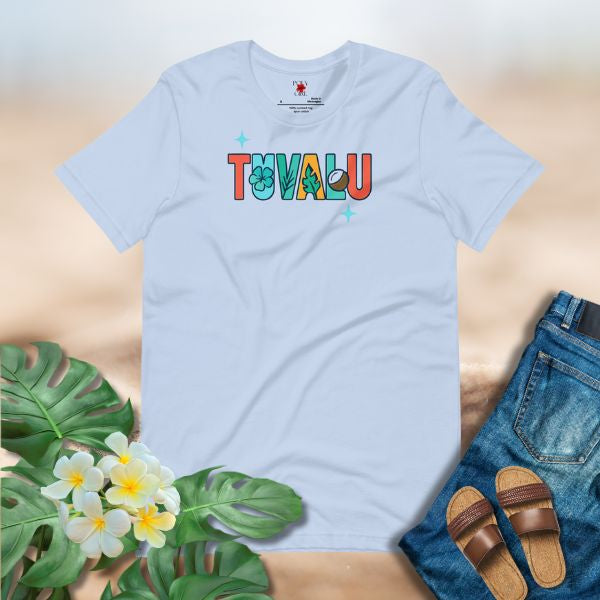 Tuvalu letters shirt with island symbols representing culture, confidence, and Pacific pride.