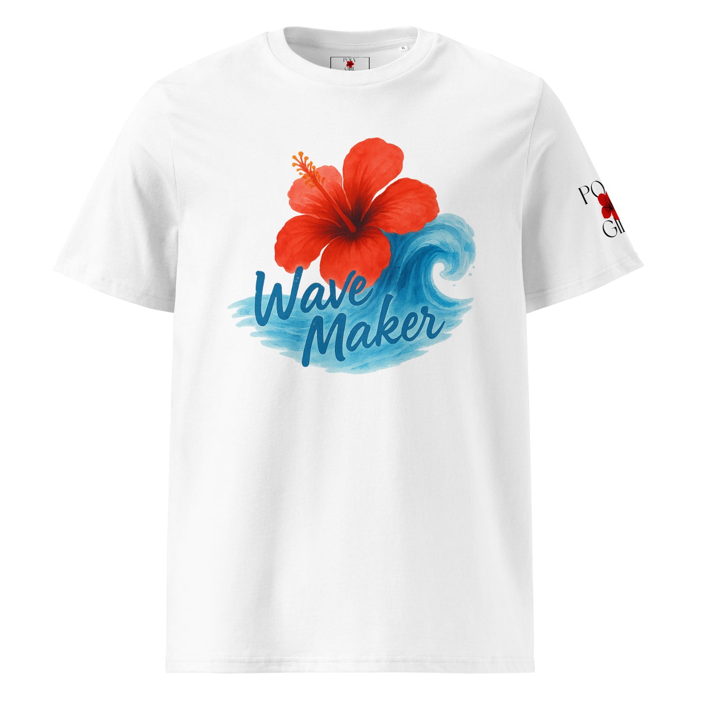 Watercolor red hibiscus and blue wave design on white Poly Girl Wave Maker t-shirt, front view