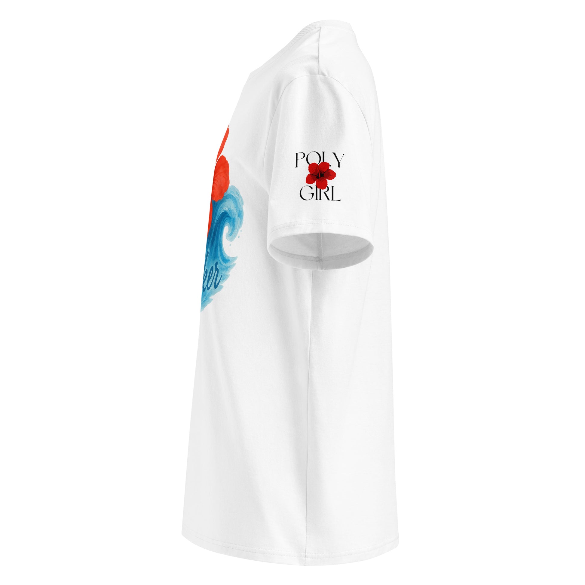 Side view of Poly Girl Wave Maker t-shirt with red hibiscus and wave watercolor graphic visible