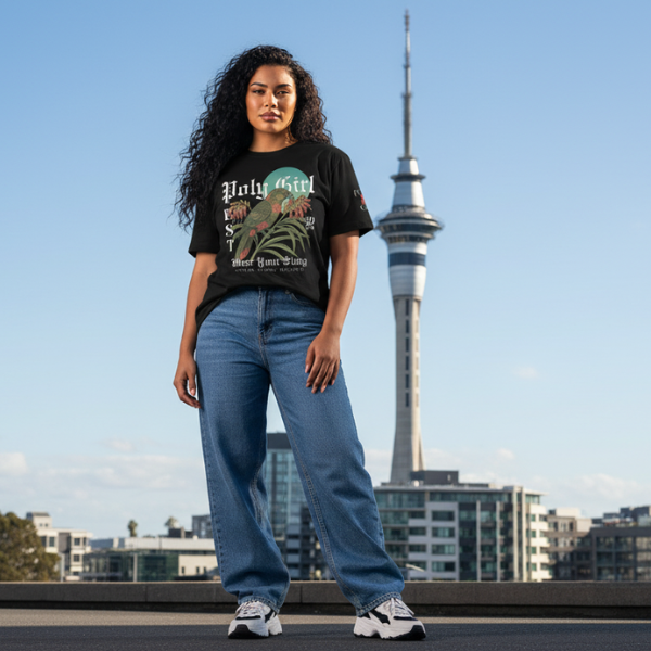 Model with the Auckland Sky Tower behind her wearing a Harakeke blossom and bird illustration symbolizing nourishment and resilience on Poly Girl tee