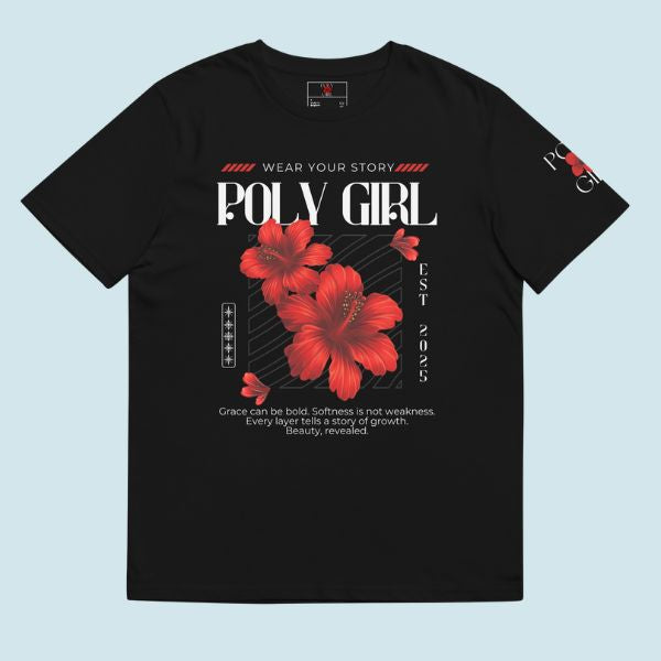 Black t-shirt with red floral design and text on front by Poly Girl