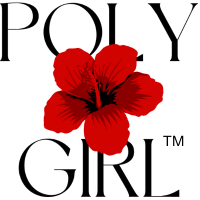 poly girl logo in black font and red hibiscus