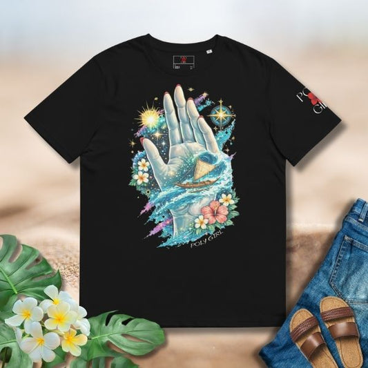 Poly Girl Guided Tee featuring a feminine hand, ocean path, and Polynesian outrigger canoe