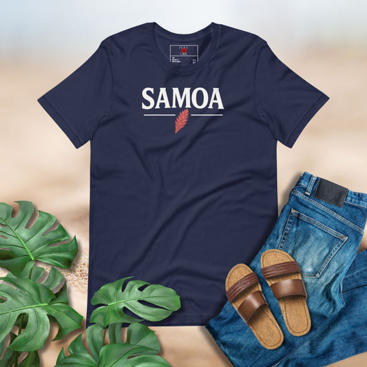 Navy blue t-shirt with 'SAMOA' text and leaf graphic, paired with jeans and sandals on a neutral background.
