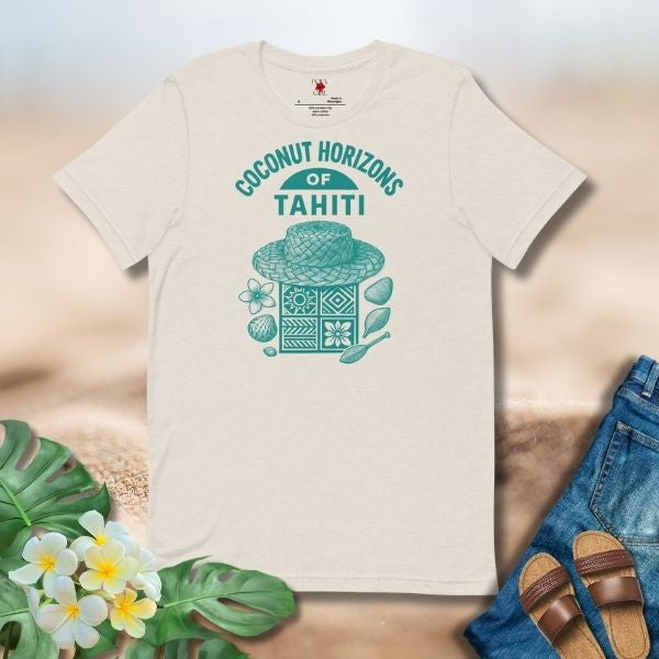 Tahiti-inspired graphic tee showing a papale niu hat, island patterns, and coconut elements