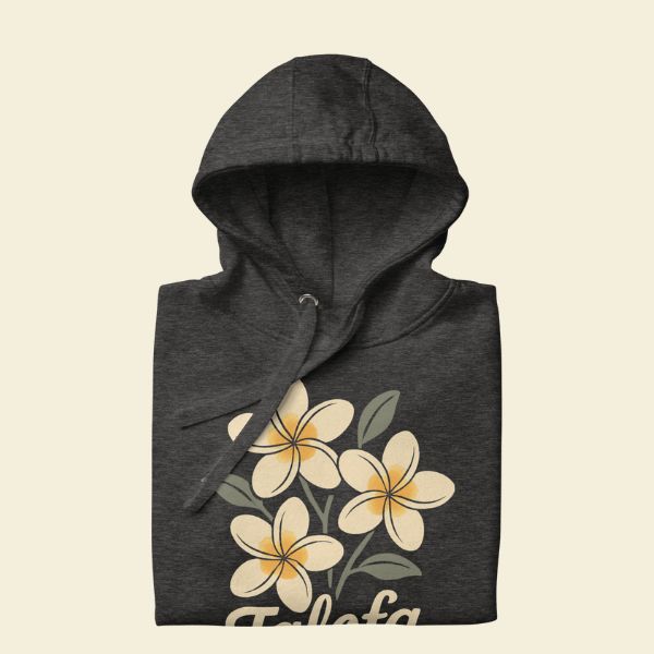 Talofa hoodie by Poly Girl featuring soft yellow plumeria blooms in a Pacific island–inspired floral design.