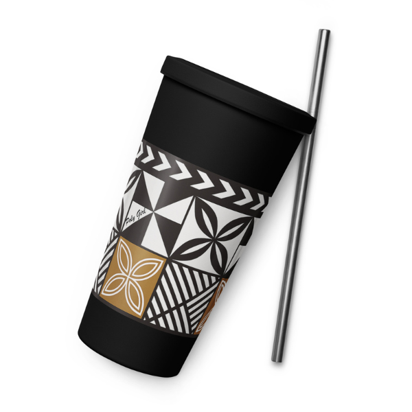 Poly Girl 20oz tumbler wrapped in contemporary island tapa design