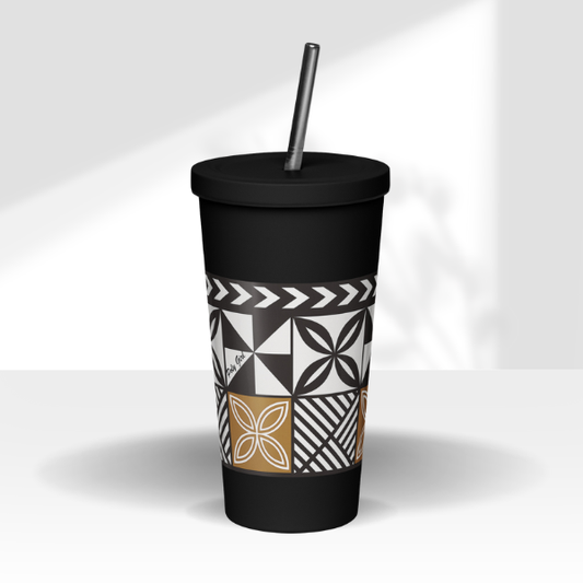 Poly Girl Tapa Refresher Tumbler with black, white, and gold tapa pattern