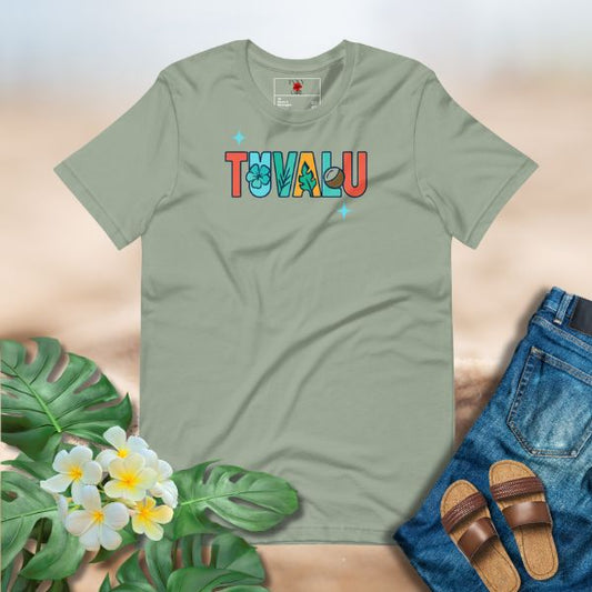 Tuvalu Island Letters Tee featuring colorful letters filled with hibiscus, pandanus leaf, coconut, and island motifs.