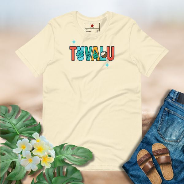 Pacific-inspired Tuvalu graphic tee with bold tropical colors and floral elements designed in a modern, playful style.