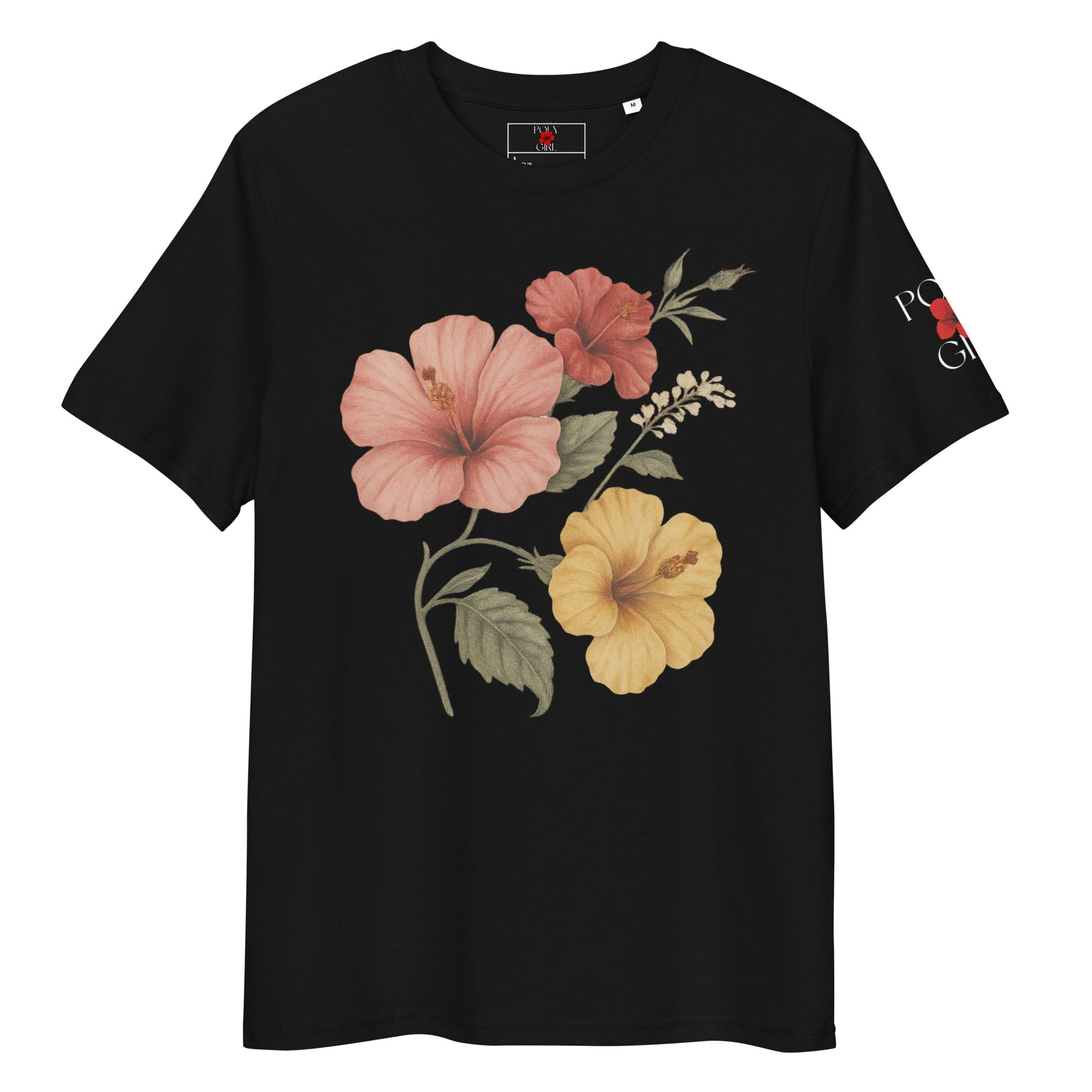 Hibiscus flower bouquet graphic on black tee