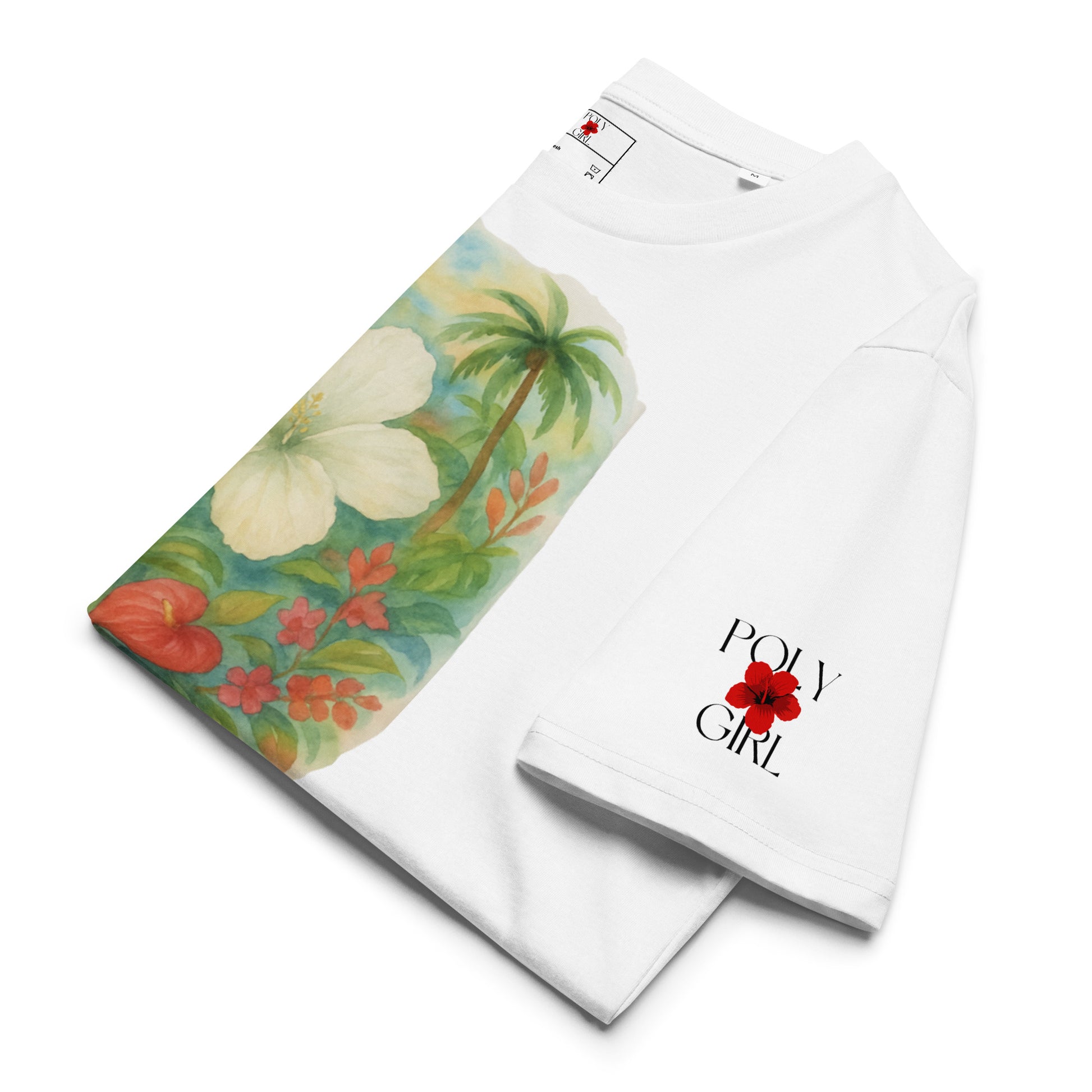 unisex-organic-ribbed-neck-t-shirt-white-folded view with Poly Girl logo on left sleeve