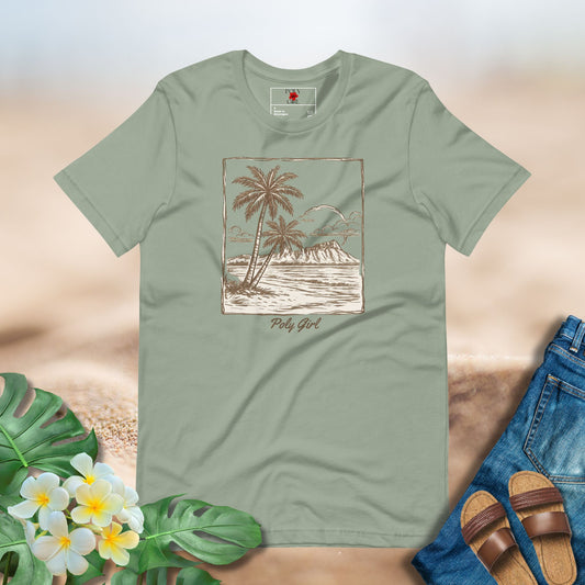 graphic image of waikiki with just sand, ocean and diamond head.