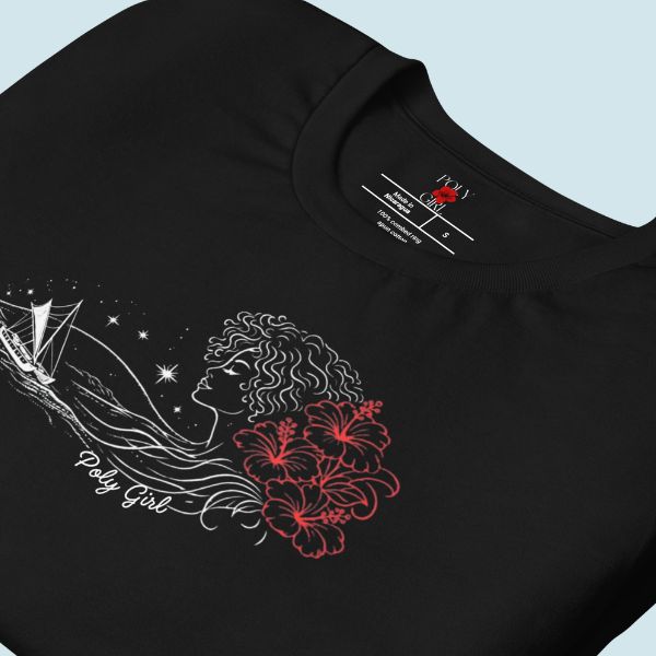 The Wayfinder Tee black shirt with white line art stars, hokulea, and red hibiscus details