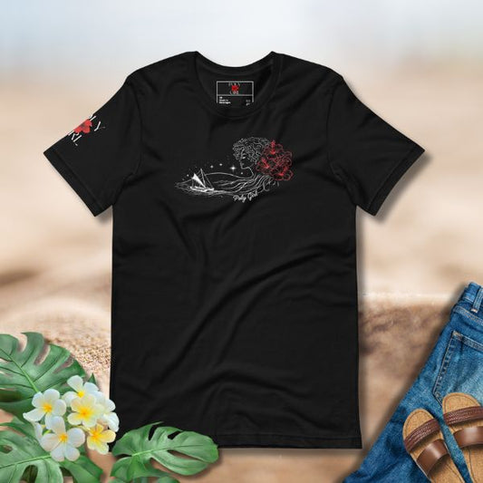Polynesian wayfider graphic tee featuring a woman, stars, and a voyaging canoe