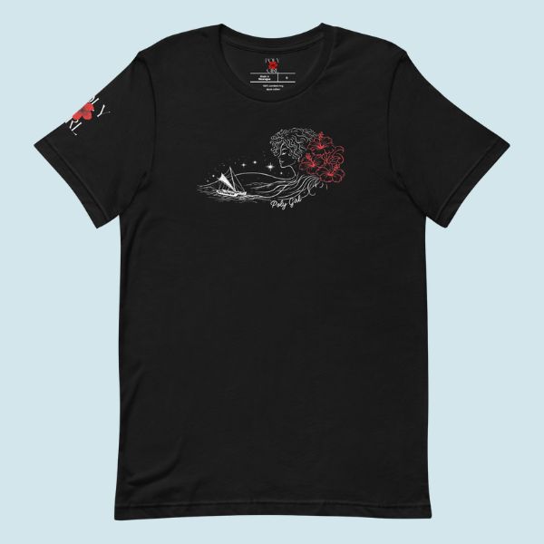 Wayfinder. Feminine Polynesian-inspired t-shirt with stars, waves, and Hokulea canoe by Poly Girl. 