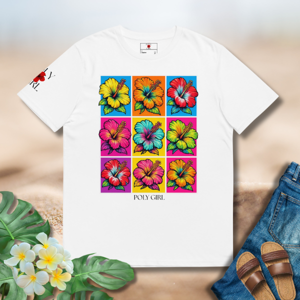 White t-shirt with colorful floral design and 'Poly Girl' branding on a neutral background.